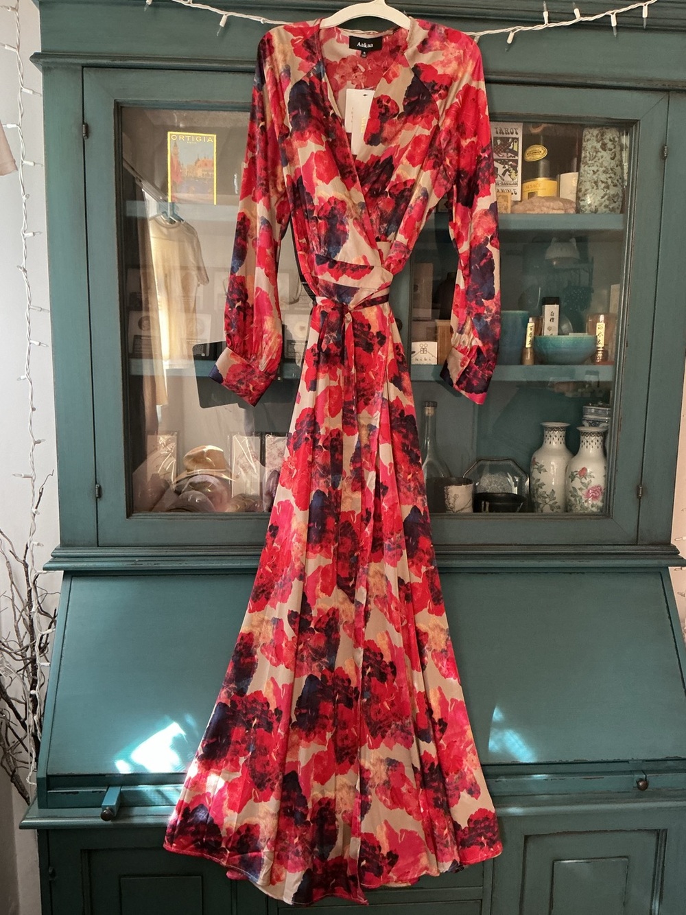 Aakaa Red Beige Floral Wrap Long Sleeve Satin Maxi Dress